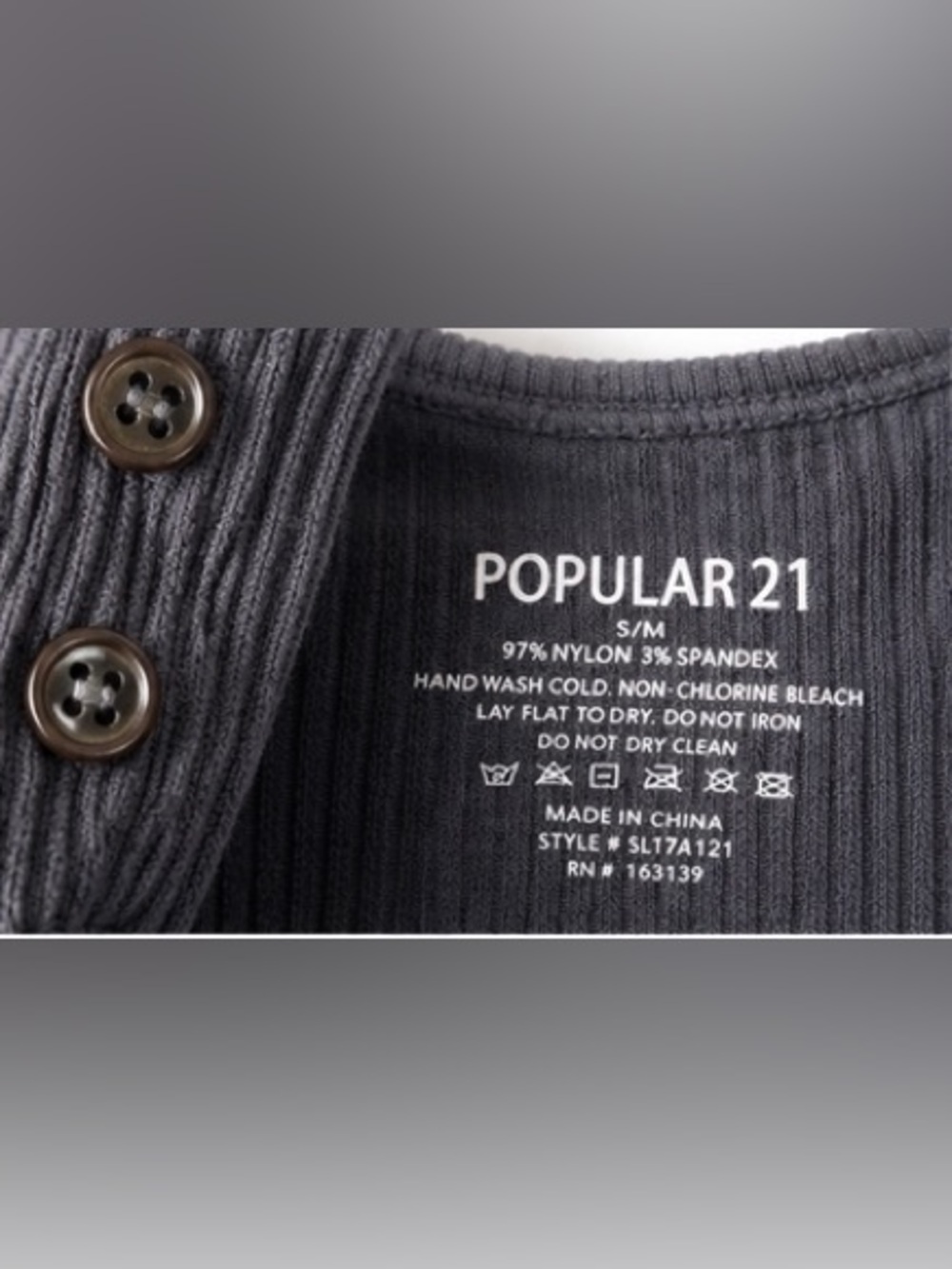 Women’s Gray Ribbed Tank Top with Button Placket - Picture 3 of 4
